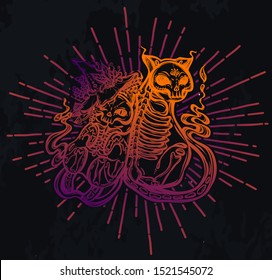 Halloween vector composition with mystical cat skeleton, witch hat. background  chalkboard, t-shirt design