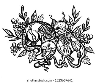 Halloween vector composition with mystical cat skeleton. Adult coloring book page, tattoo art, t-shirt design