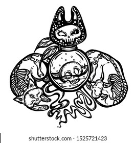Halloween vector composition with mystical cat skeleton, bottle of potion. Adult coloring book page, tattoo art, t-shirt design