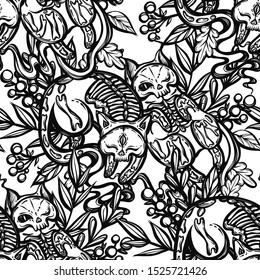 Halloween vector composition with mystical cat skeleton, t-shirt design. Adult coloring book page, background light, seamless pattern