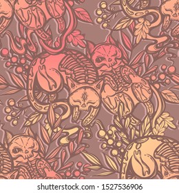 Halloween vector composition with mystical cat skeleton, t-shirt design. Adult coloring book page, background grey red, seamless pattern