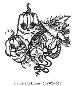 Halloween vector composition with mystical cat skeleton, pumpkins and witch hat. Adult coloring book page, tattoo art, t-shirt design