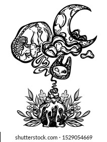 Halloween vector composition with mystical cat skeleton, candle and moon. Adult coloring book page, tattoo art, t-shirt design