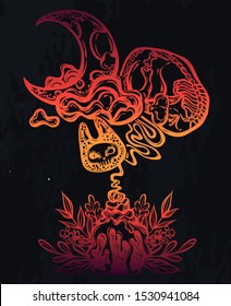 Halloween vector composition with mystical cat skeleton, candle and moon, background  chalkboard, t-shirt design