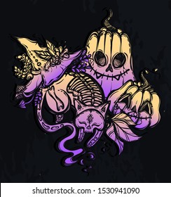 Halloween vector composition with mystical cat skeleton, pumpkins and witch hat, background  chalkboard, t-shirt design