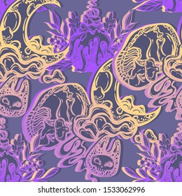 Halloween vector composition with mystical cat skeleton, candle and moon, t-shirt design, background blue, seamless pattern