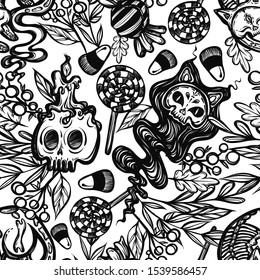Halloween vector composition with mystical cats skeleton,candle skull, sweets and ghost, Adult coloring book page, background light, seamless pattern