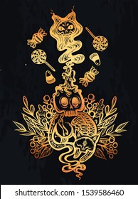 Halloween vector composition with mystical cats skeleton,candle skull, sweets and ghost, t-shirt design, background  chalkboard