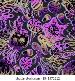 Halloween vector composition with mystical cats skeleton,candle skull, sweets and ghost, background dark-grey, seamless pattern