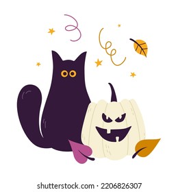Composición vectorial de Halloween con calabaza, gato negro. Papel pintado, papel envuelto, textiles, postales, decoración interior. Diseño de caricaturas.