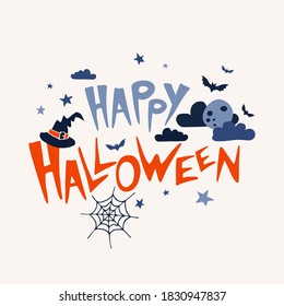 Halloween vector composition with text, bright pumpkins, bats, cobwebs, stars on a light background. For wallpaper, wrapping paper, textiles, postcards, web page backgrounds interior decor. 