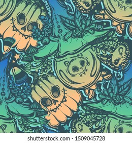 Halloween vector composition with witch hat, crystal ball and pumpkin. Illustration in line art style. Coloring, mystic, witchcraft, background dark blue green, seamless pattern