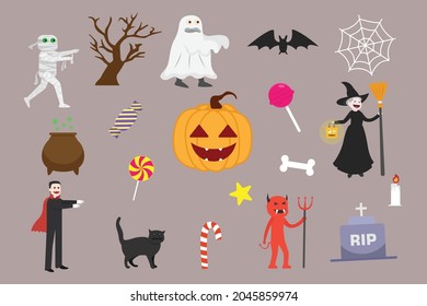 Halloween vector concept: Halloween attributes doodles set 