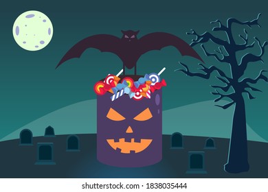 Halloween vector concept: Bat carrying a bucket of candies in funeral 