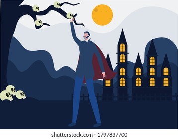 Halloween vector concept: bearded vampire touching skeleton on tree