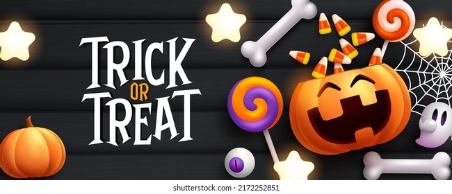 Diseño de concepto vectorial de Halloween. Trick o tratar texto con cesta de calabaza llena de caramelos y elementos pop en el fondo de madera para la celebración de la noche de halloween. Ilustración vectorial.
