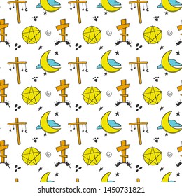 Halloween. Vector concept in doodle and sketch style. Hand drawn illustration for printing on T-shirts, postcards. Seamless pattern for textile, paper wrap. Texture background.