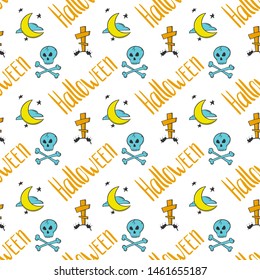 Halloween. Vector concept in doodle and sketch style. Hand drawn illustration for printing on T-shirts, postcards. Seamless pattern for textile, paper wrap. Texture background.