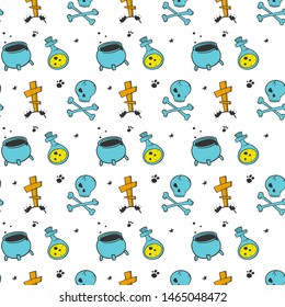 Halloween. Vector concept in doodle and sketch style. Hand drawn illustration for printing on T-shirts, postcards. Seamless pattern for textile, paper wrap. Texture background.