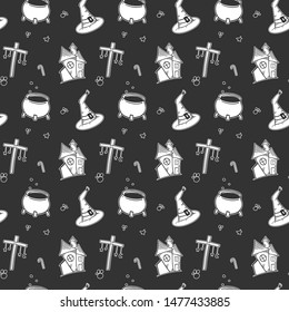 Halloween. Vector concept in doodle and sketch style. Hand drawn illustration for printing on T-shirts, postcards. Seamless pattern for textile, paper wrap. Texture background.