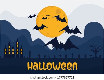 Halloween vector concept: evil bats flying above the graveyard and below the moon
