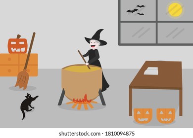Halloween vector concept: Female witch cooking a potion at home