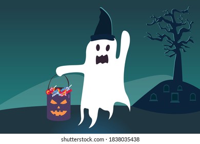 Halloween vector concept: Halloween ghost flying with witch hat and carrying a bucket full of candy