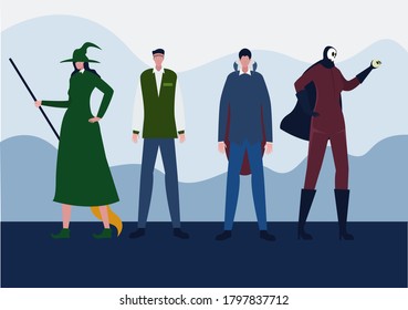 Halloween vector concept: group of people wearing Halloween costumes
