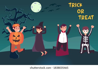Halloween vector concept: Happy teenagers in halloween costume jumping together with Trick or treat text