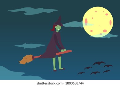 Halloween vector concept: happy witch flying with her broomstick on the night Halloween sky at full moon