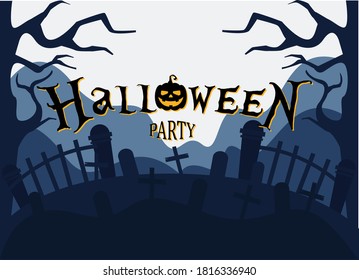 Halloween vector concept: Halloween party text with silhouette of graveyard at night