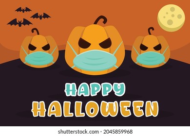 Halloween vector concept: Pumpkins heads wear face mask with happy halloween text