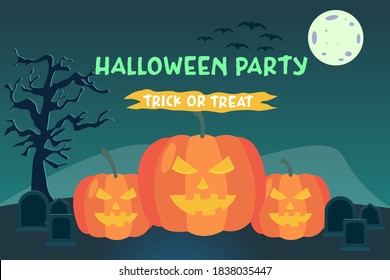 Halloween vector concept: Spooky pumpkin with halloween party word and trick or treat in cemetery background 