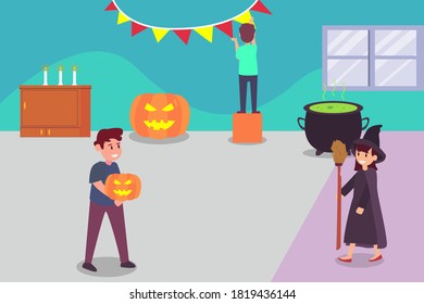 Halloween vector concept: Teenager prepare halloween party together at home while wearing halloween costumes
