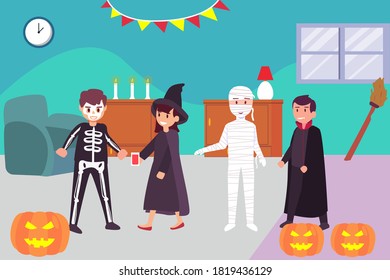Halloween vector concept: Teenagers with halloween costume enjoying halloween party together at home