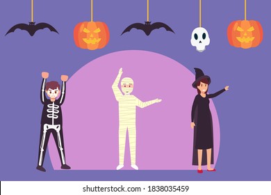 Halloween vector concept: Teenagers dancing together with halloween costumes in party