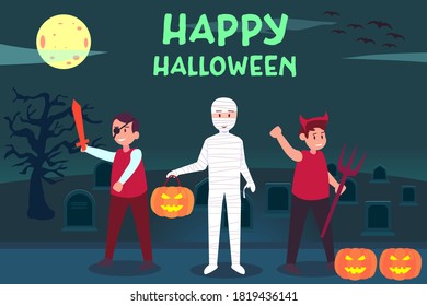 Halloween vector concept: Teenagers in scary halloween costume at graveyard with happy halloween text