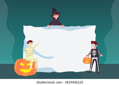 Halloween vector concept: Teenagers wearing scary halloween costume with blank poster and pumpkin