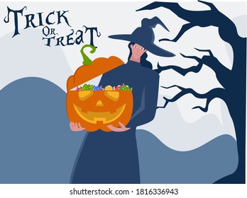 Halloween vector concept: Trick Or Treat text with silhouette of scary witch holding a pumpkin full of candy