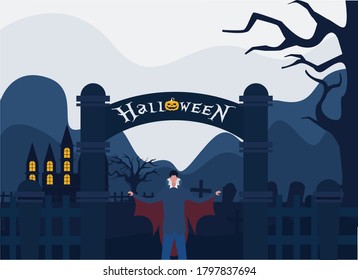 Halloween vector concept: Vampire with cape below the Halloween sign