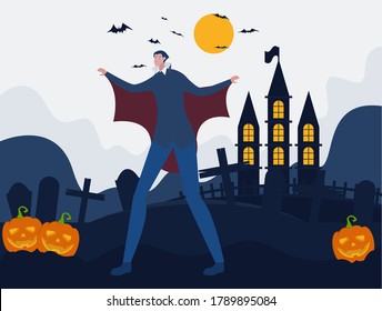 Halloween vector concept: vampire posing by extending his robe at the graveyard with spooky castle in the background