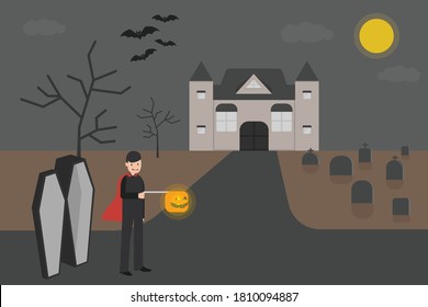 Halloween vector concept: Vampire walking at the graveyard while carrying pumpkin lantern with scary caster background