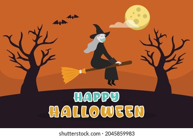 Halloween vector concept: Witch woman flying on the broom while wearing face mask with happy halloween text