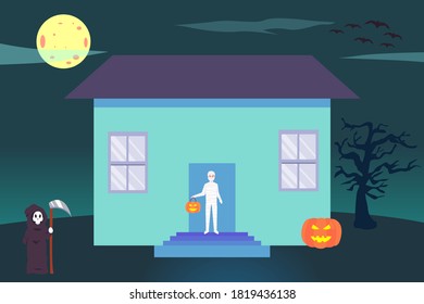 Halloween vector concept: Young people wearing halloween scary costume standing in front of haunted house 