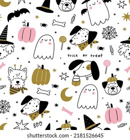 Halloween vector cute cartoon dogs illustrations  Seamless pattern    Dogs in Halloween 
costumes  stars  hats  sweets  ghost  pumpkin