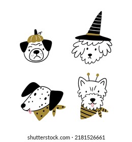 Halloween vector cute cartoon dogs illustrations  Dogs in Halloween 
costumes  stars  hats  sweets  ghost  pumpkin
