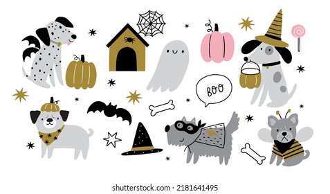 Halloween vector cute cartoon dogs illustrations. Dogs in Halloween 
costumes, stars, hats, sweets, ghost, pumpkin. Pet Pup Dog Costume