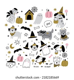 Halloween vector cute cartoon dogs illustrations. Dogs in Halloween 
costumes, stars, hats, sweets, ghost, pumpkin. Pet Pup Dog Costume