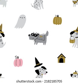 Halloween vector cute cartoon dogs illustrations  Dogs in Halloween 
costumes  stars  hats  sweets  ghost  pumpkin  Pet Pup Dog Costume    seamless pattern