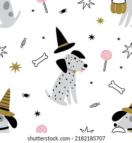 Halloween vector cute cartoon dogs illustrations  Dogs in Halloween 
costumes  stars  hats  sweets  ghost  pumpkin  Pet Pup Dog Costume    seamless pattern